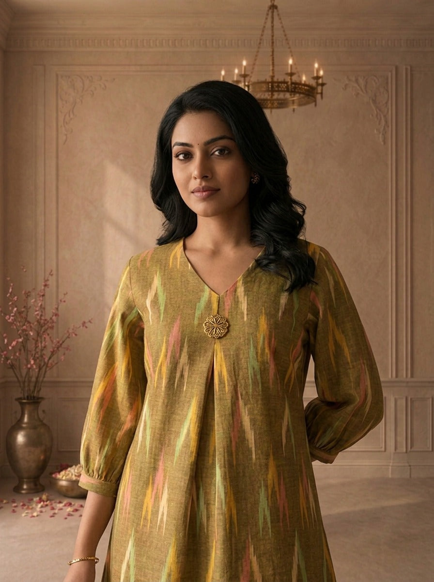 Green Cotton Ikkat Printed Kurta