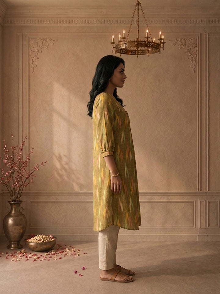 Green Cotton Ikkat Printed Kurta