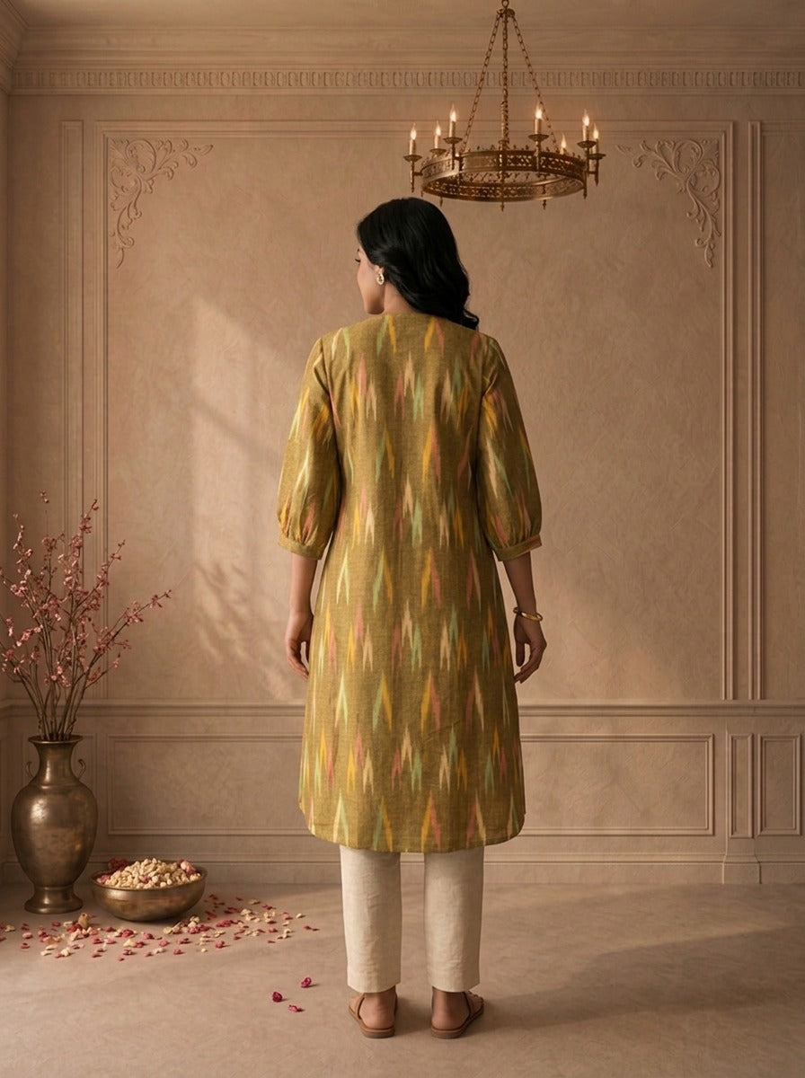 Green Cotton Ikkat Printed Kurta