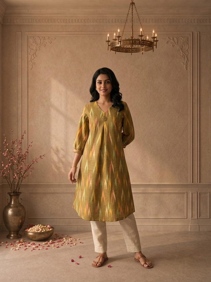 Green Cotton Ikkat Printed Kurta