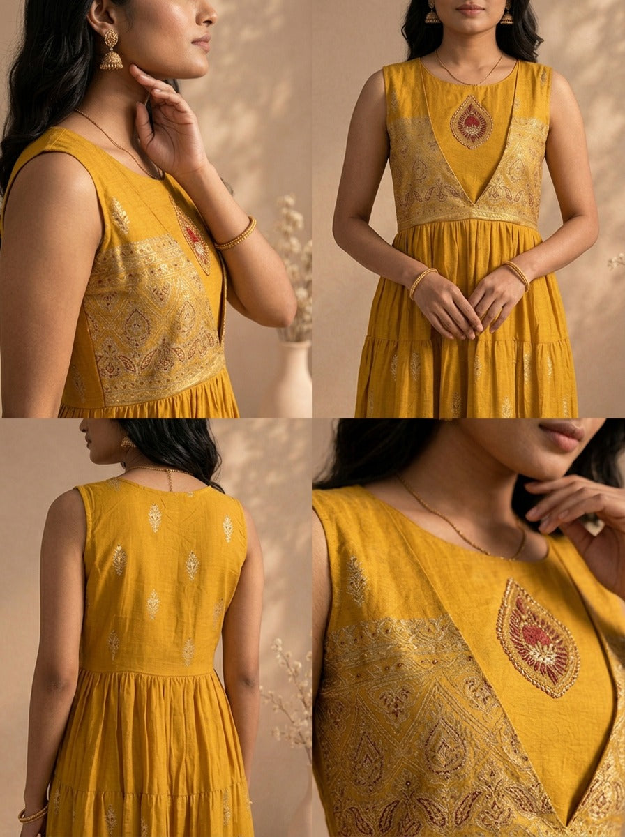 Mustard Modal Zari Brocade Printed Long Dress
