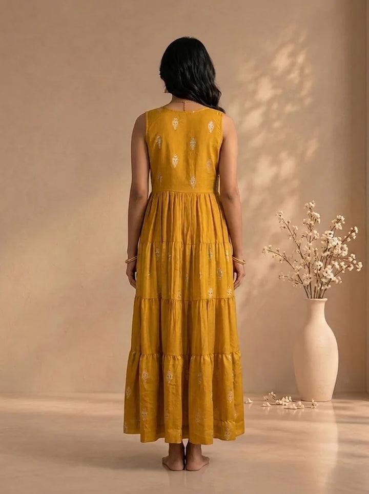 Mustard Modal Zari Brocade Printed Long Dress