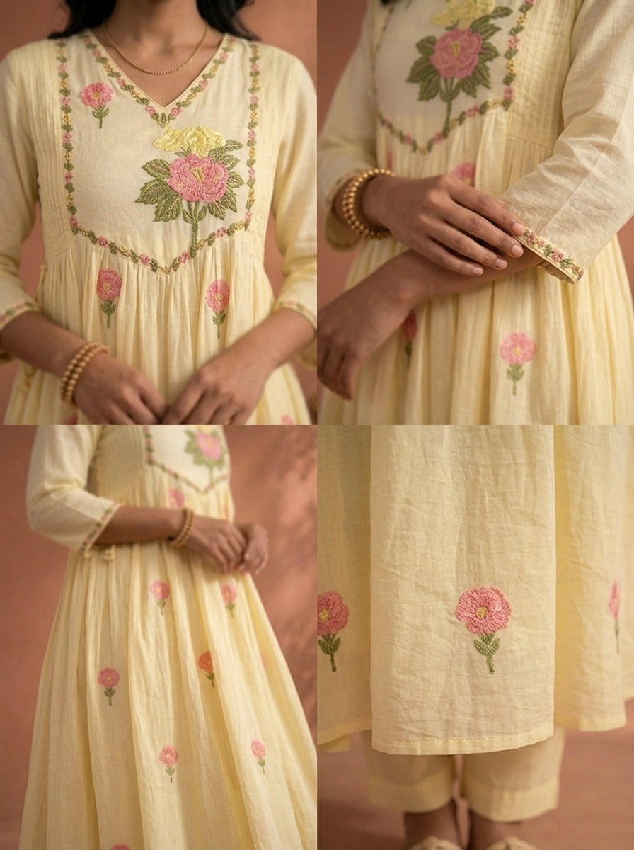 Yellow Cotton Floral Embroidered Three Piece Set