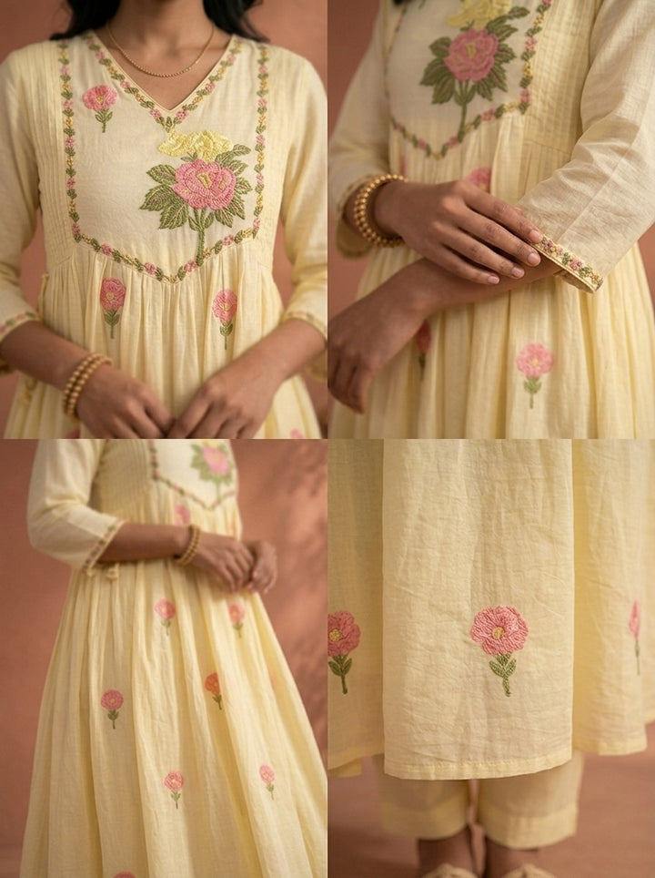 Yellow Cotton Floral Embroidered Three Piece Set