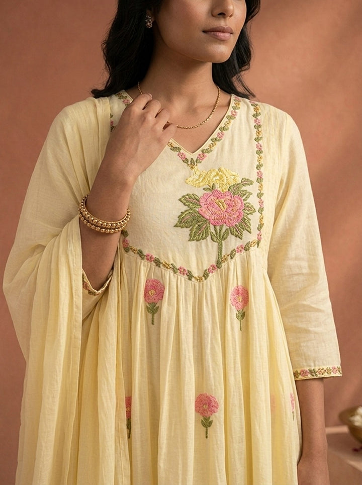 Yellow Cotton Floral Embroidered Three Piece Set