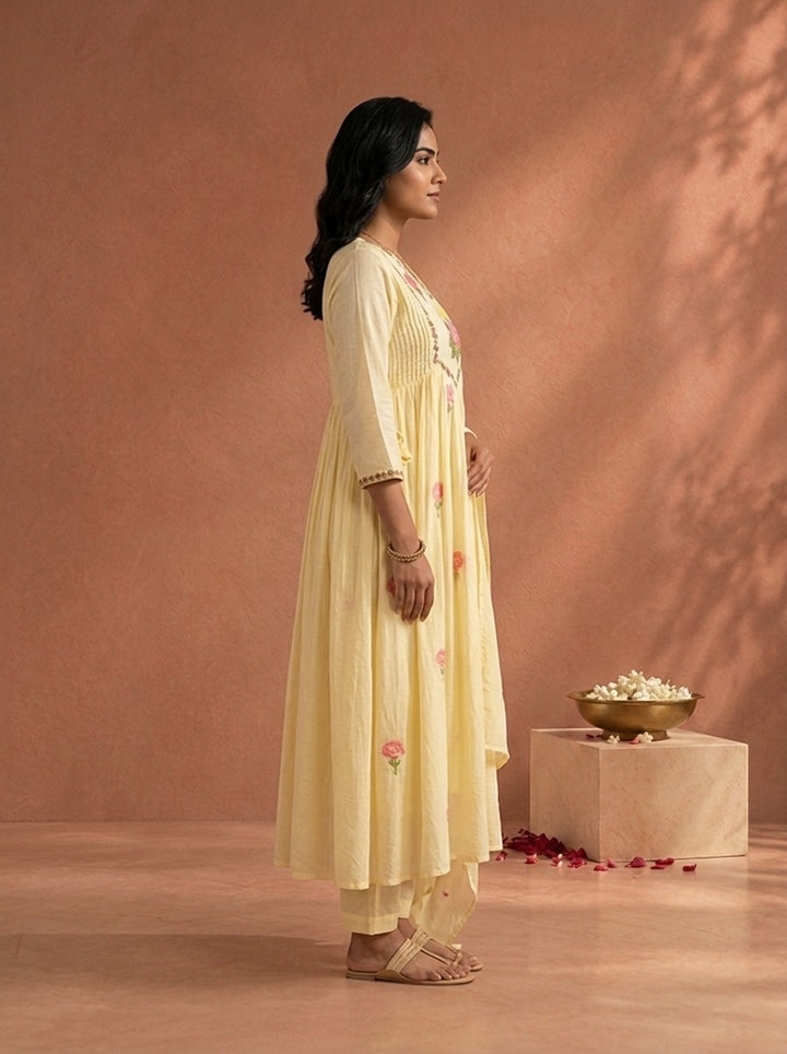 Yellow Cotton Floral Embroidered Three Piece Set