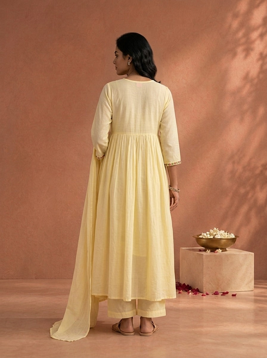 Yellow Cotton Floral Embroidered Three Piece Set