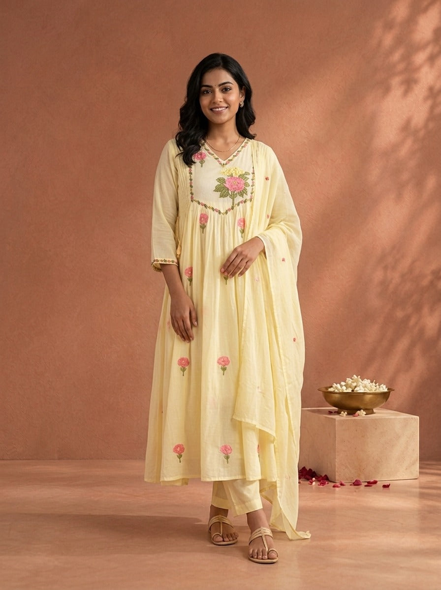 Yellow Cotton Floral Embroidered Three Piece Set