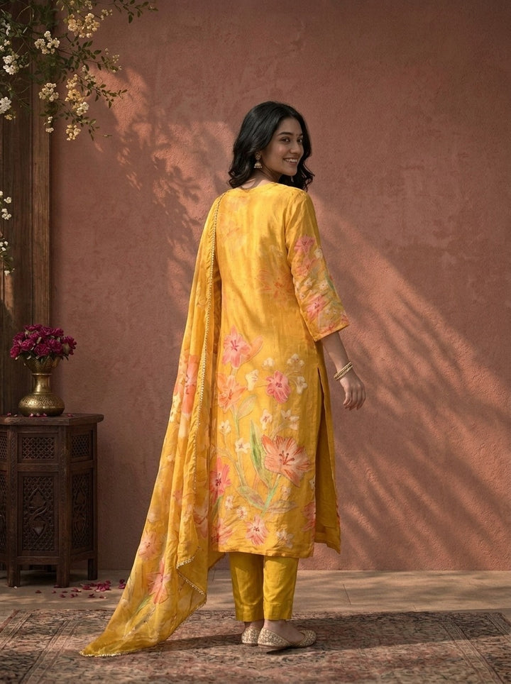 Mustard Crepe Floral Digital Printed Three Piece Set