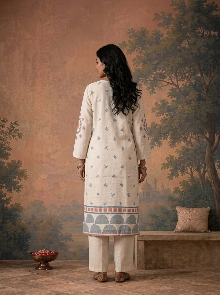 Off White Linen Geometric Star Buti Printed Three Piece Set