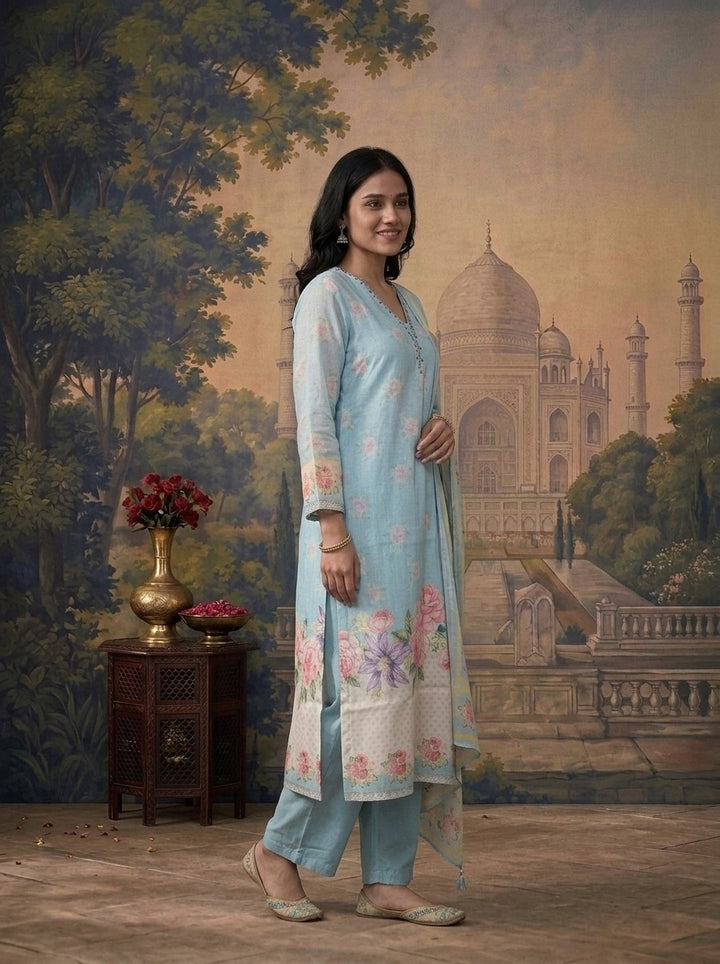 Sky Blue Chanderi Watercolor Floral Printed Three Piece Set