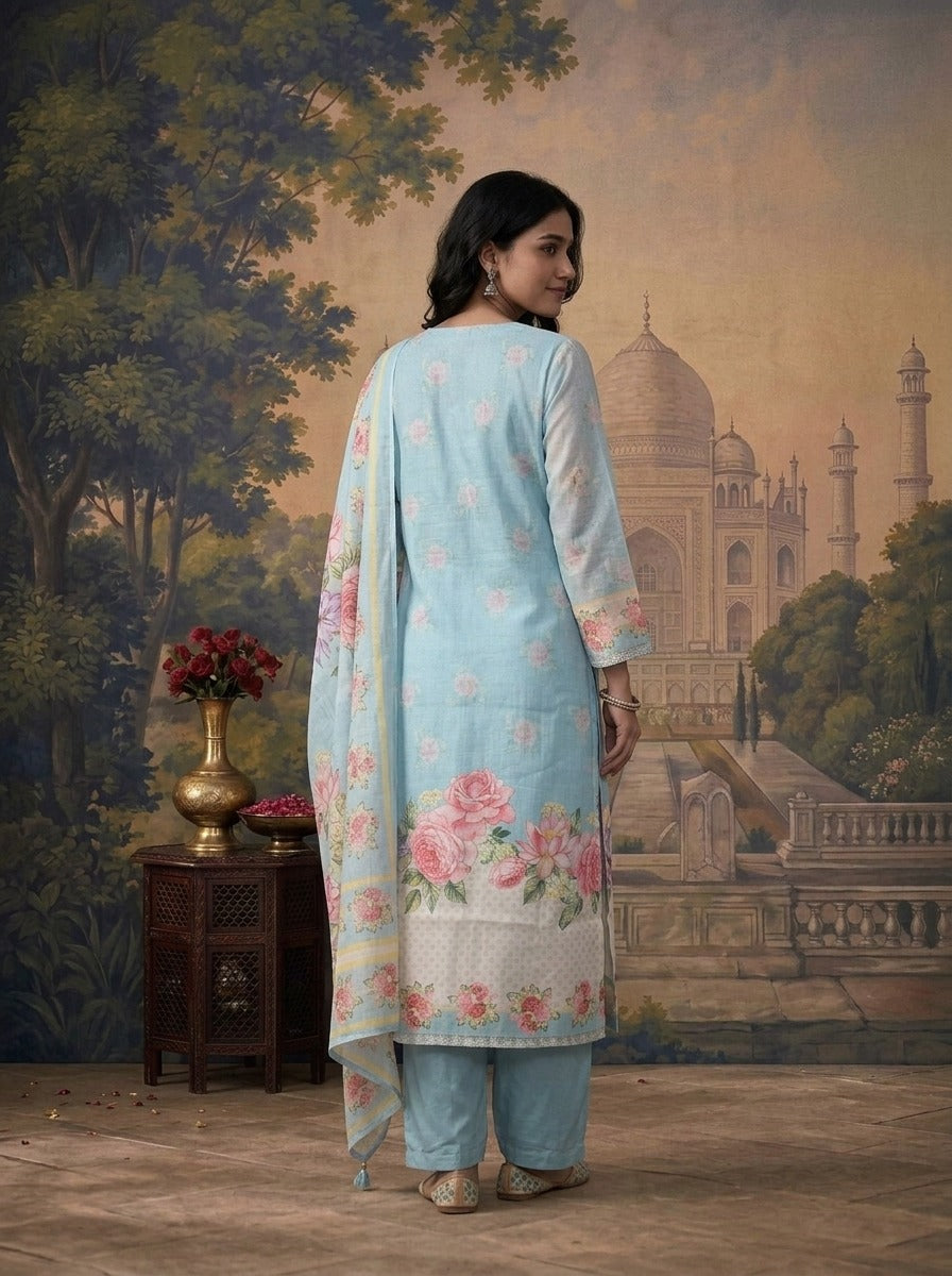 Sky Blue Chanderi Watercolor Floral Printed Three Piece Set