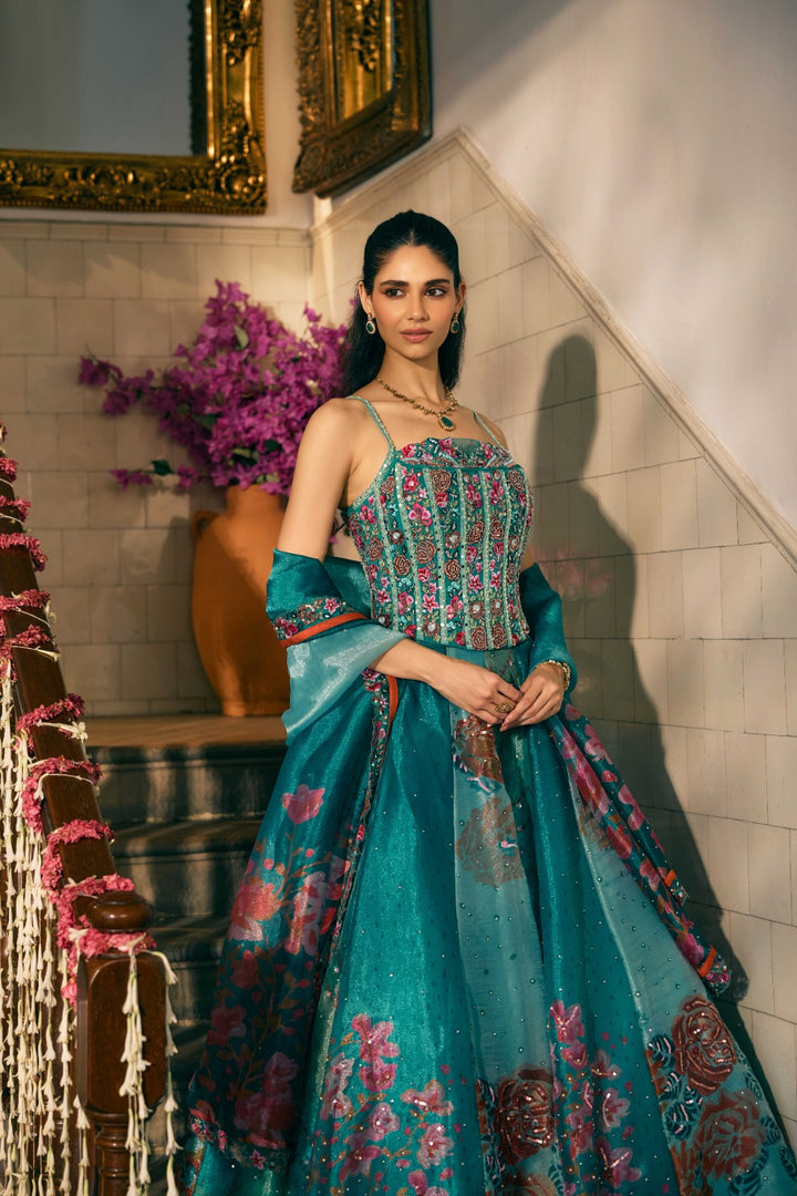 Green Tissue Hand Embroidery Cord Set Blouse Ghagra Set