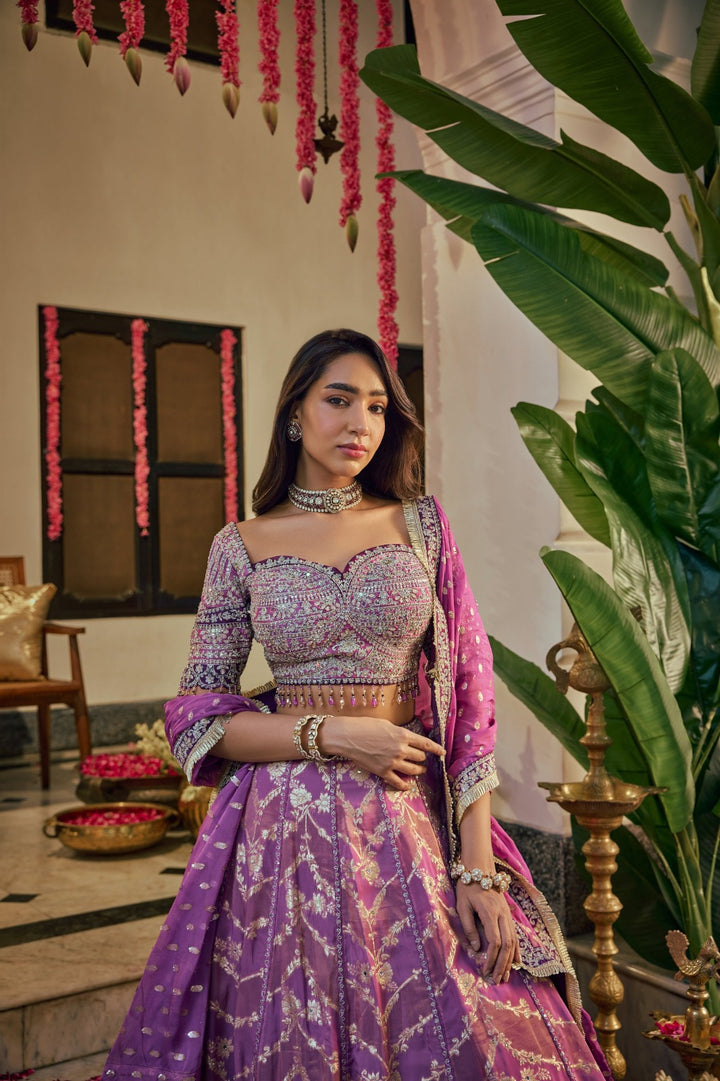 Lavender Banaras Silk hand Embroidery Lehenga