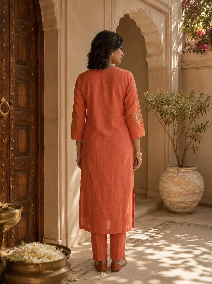 Orange Solid Design And Floral Thread Embroidery Linen Three Piece Set