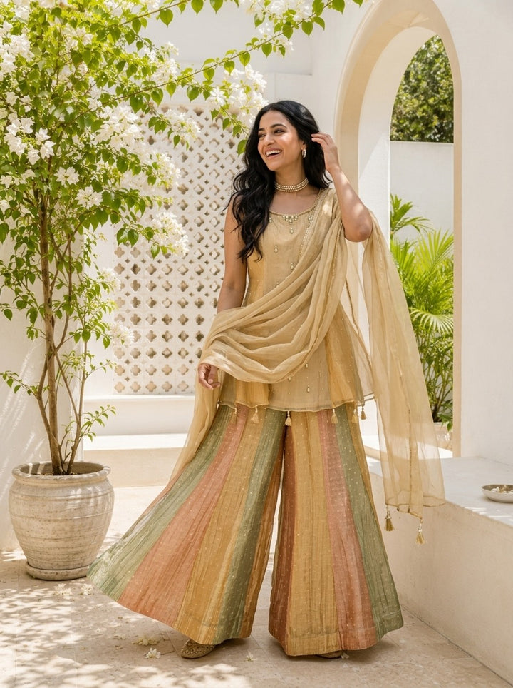 Beige Tissue Pearl And Stone Butti Embroidered Three Piece Set