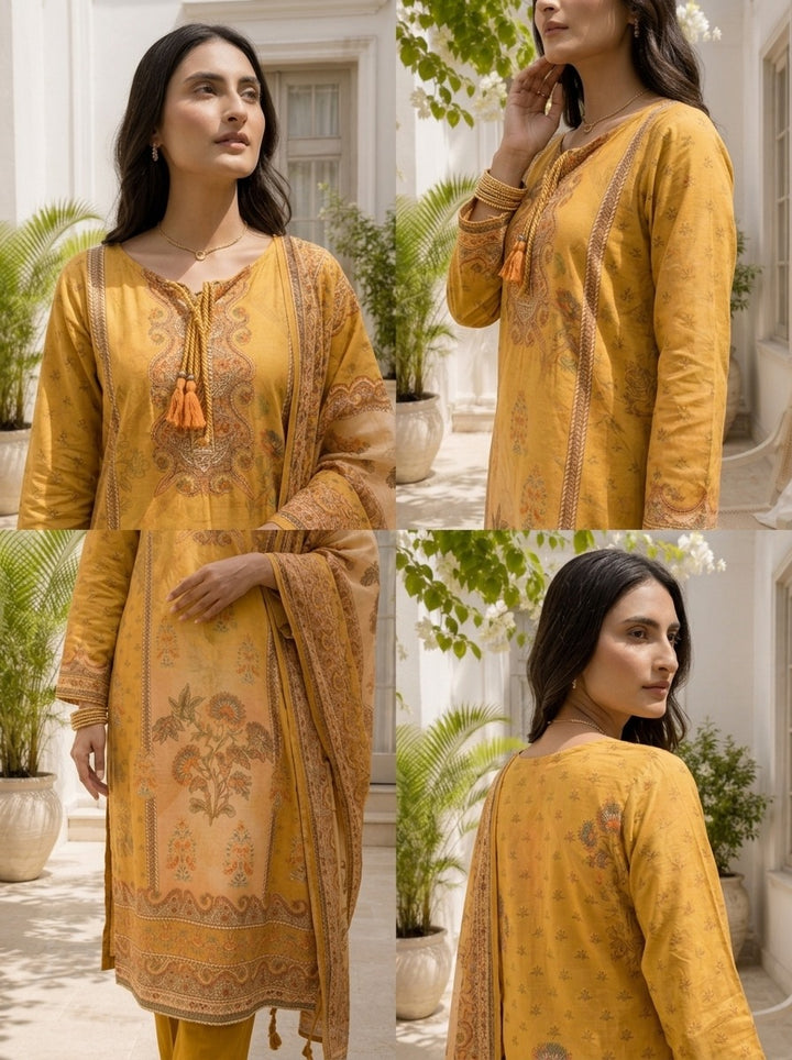 Mustard Muslin Ethnic Motif Printed Three Piece Set