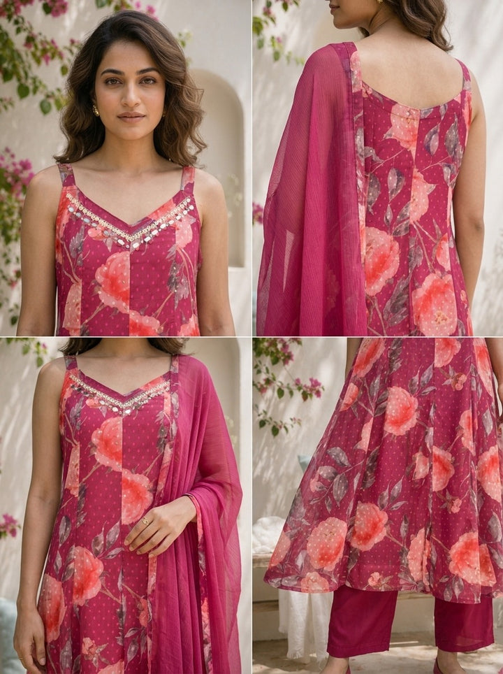 Wine Chinon Digital Floral Printed Three Piece Set