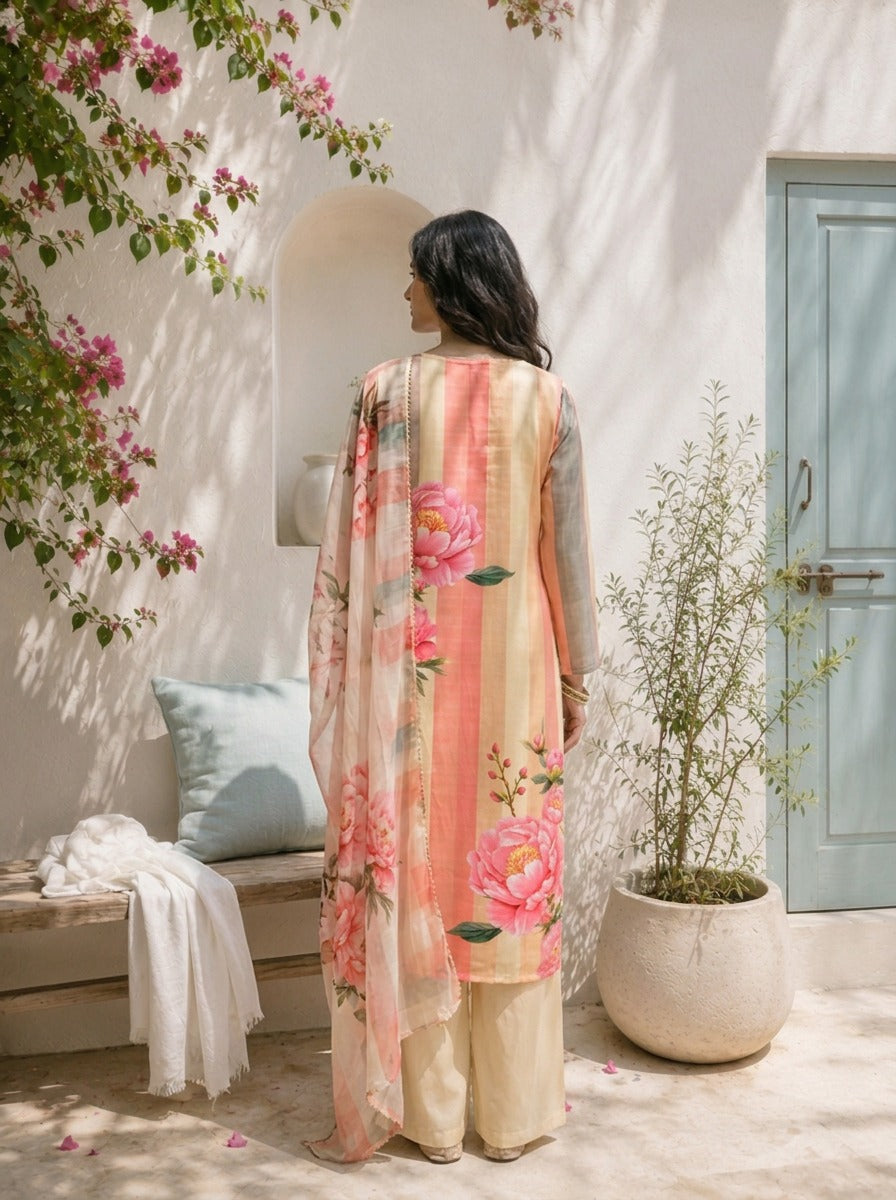 Peach Linen Rose Floral Printed Three Piece Set