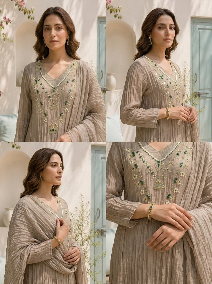 Grey Tissue Stone Embroidered Three Piece Set