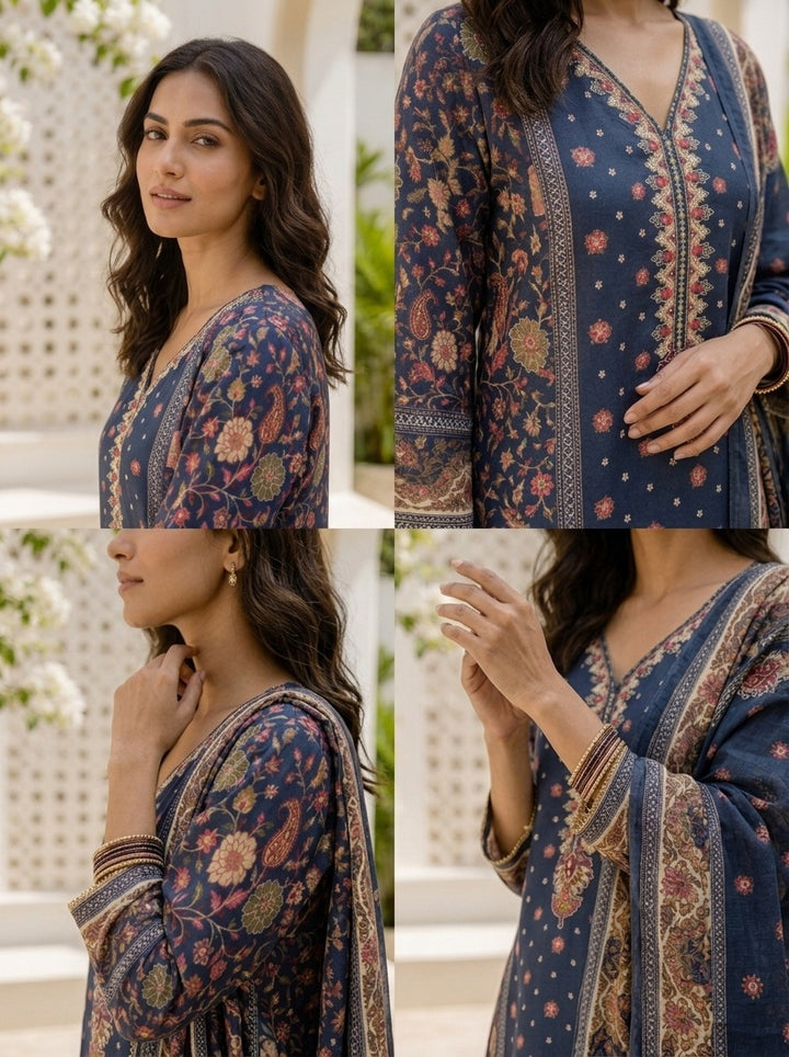 Navy Blue Chinon Mughal Printed Three Piece Set