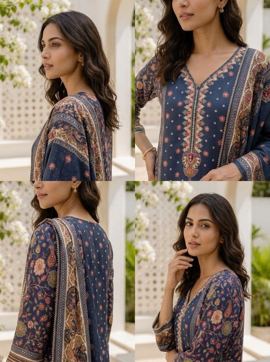 Navy Blue Chinon Mughal Printed Three Piece Set
