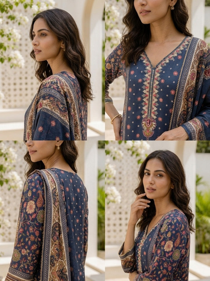 Navy Blue Chinon Mughal Printed Three Piece Set