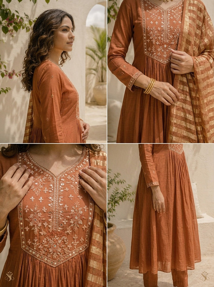 Brown Muslin Thread Embroidered Three Piece Set