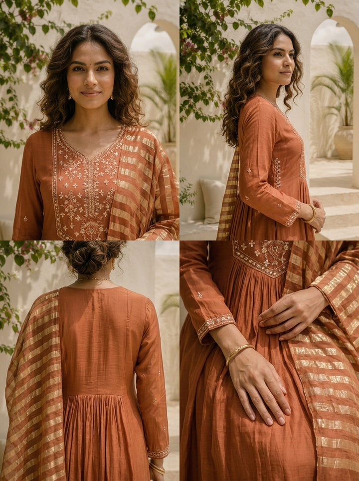 Brown Muslin Thread Embroidered Three Piece Set
