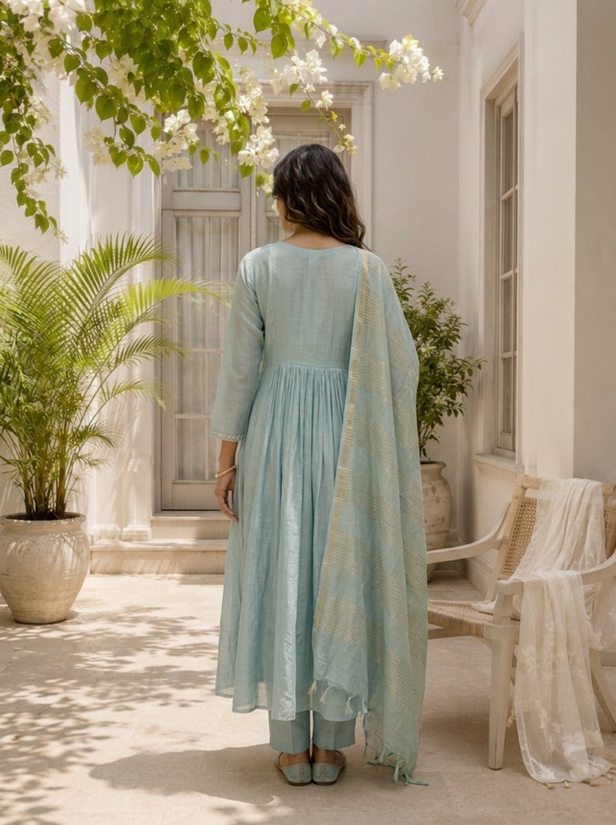 Sky Blue Muslin Bird Embroidered Three Piece Set