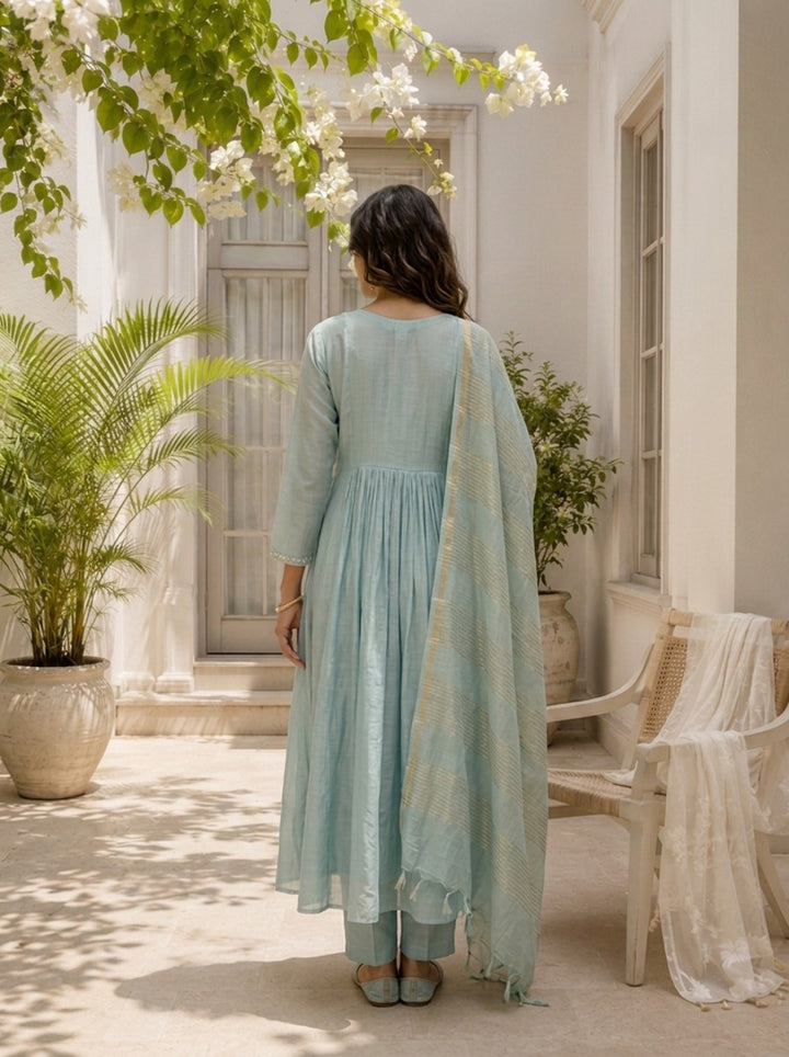 Sky Blue Muslin Bird Embroidered Three Piece Set
