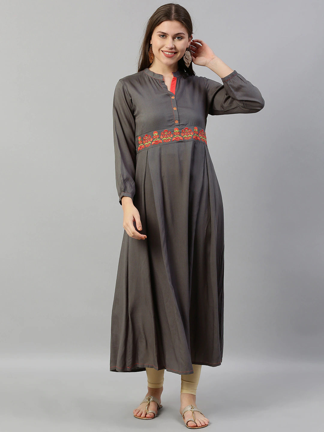 Neerus Women Grey Solid A-Line Kurta with Embroidery