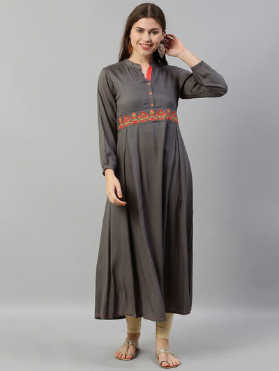Neerus Women Grey Solid A-Line Kurta with Embroidery