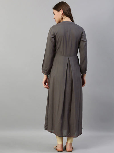 Neerus Women Grey Solid A-Line Kurta with Embroidery
