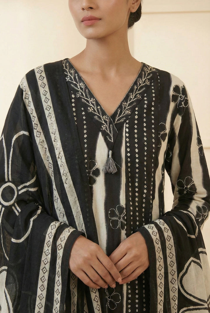 Black Cotton Floral Sequins And Hand Embroidery Suit Set