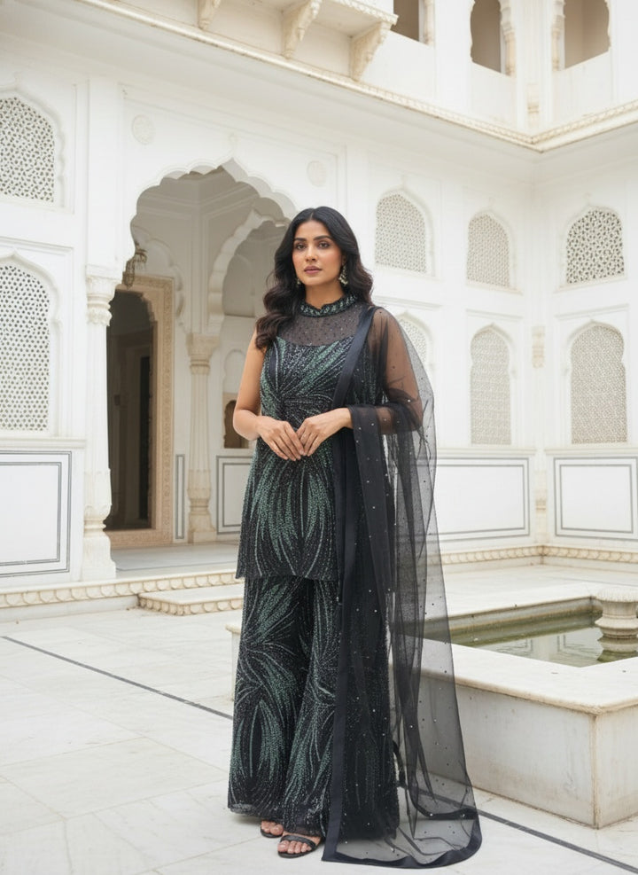 Black Net Heavy Sequins Kurta And Palazzo Set