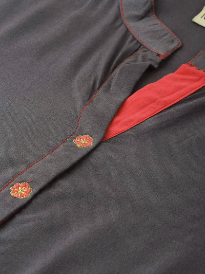 Neerus Women Grey Solid A-Line Kurta with Embroidery