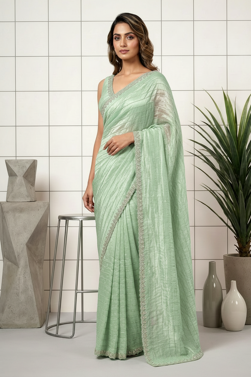 Neerus Green organza embellished saree - front view
