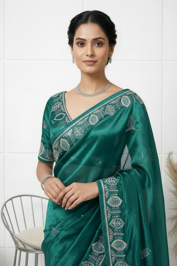 Rama Green Jimmy Choo Zari And Thread Embroidery Saree