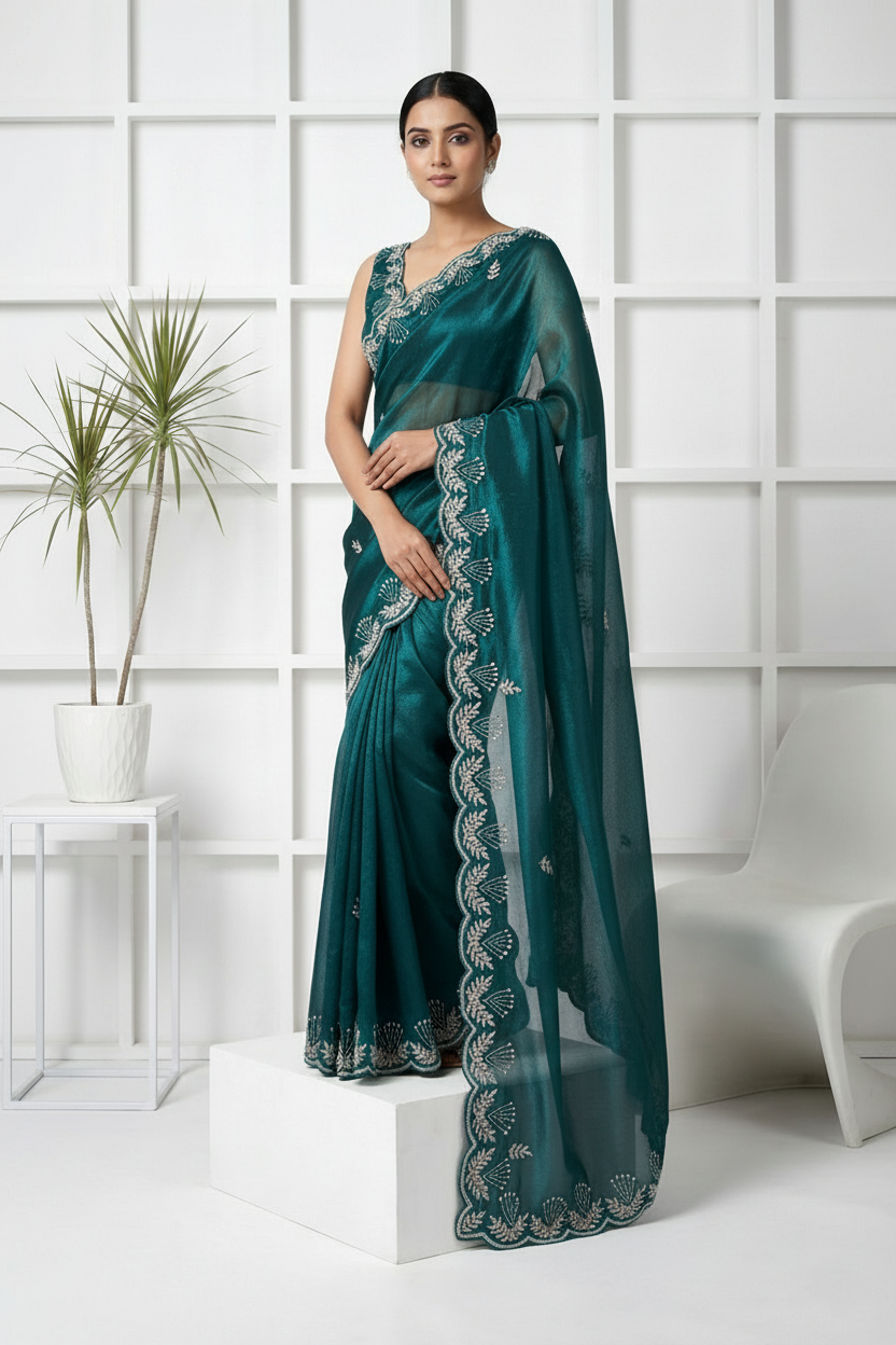 Neerus Green organza hand embroidered saree - front view