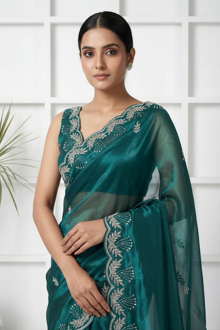 Neerus Green organza hand embroidered saree - back view