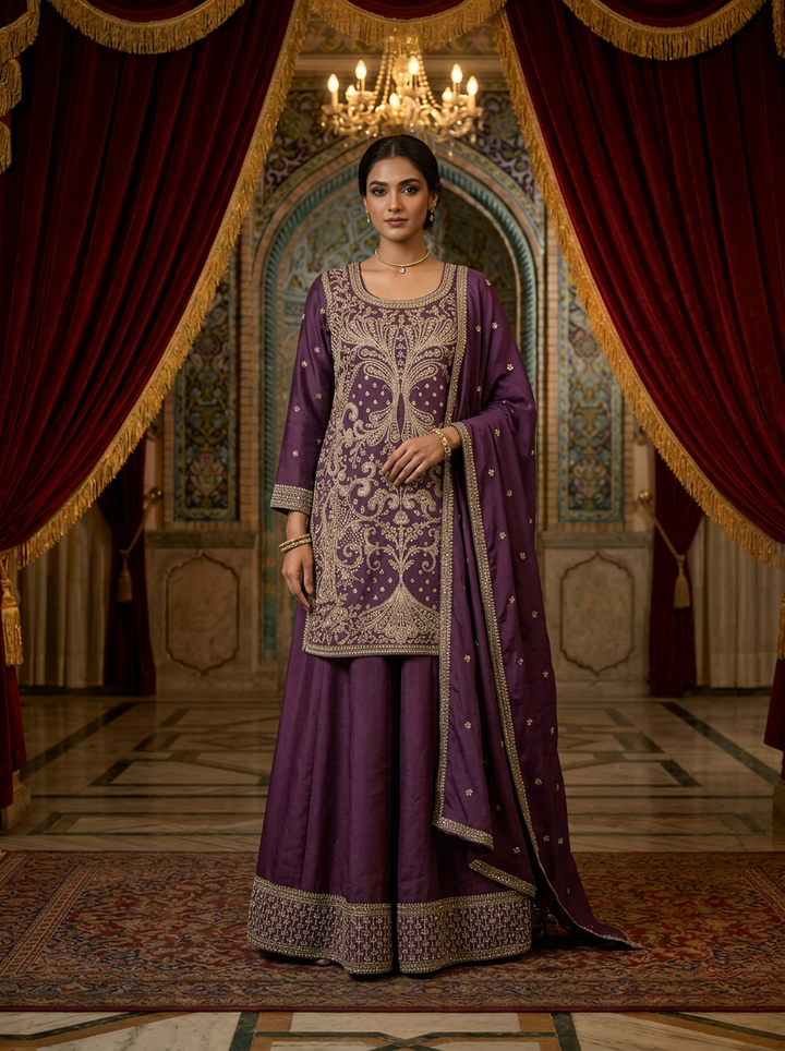 Wine Chinon Heavy Embroidery Sharara Set With Dupatta