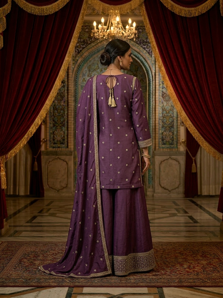 Wine Chinon Heavy Embroidery Sharara Set With Dupatta