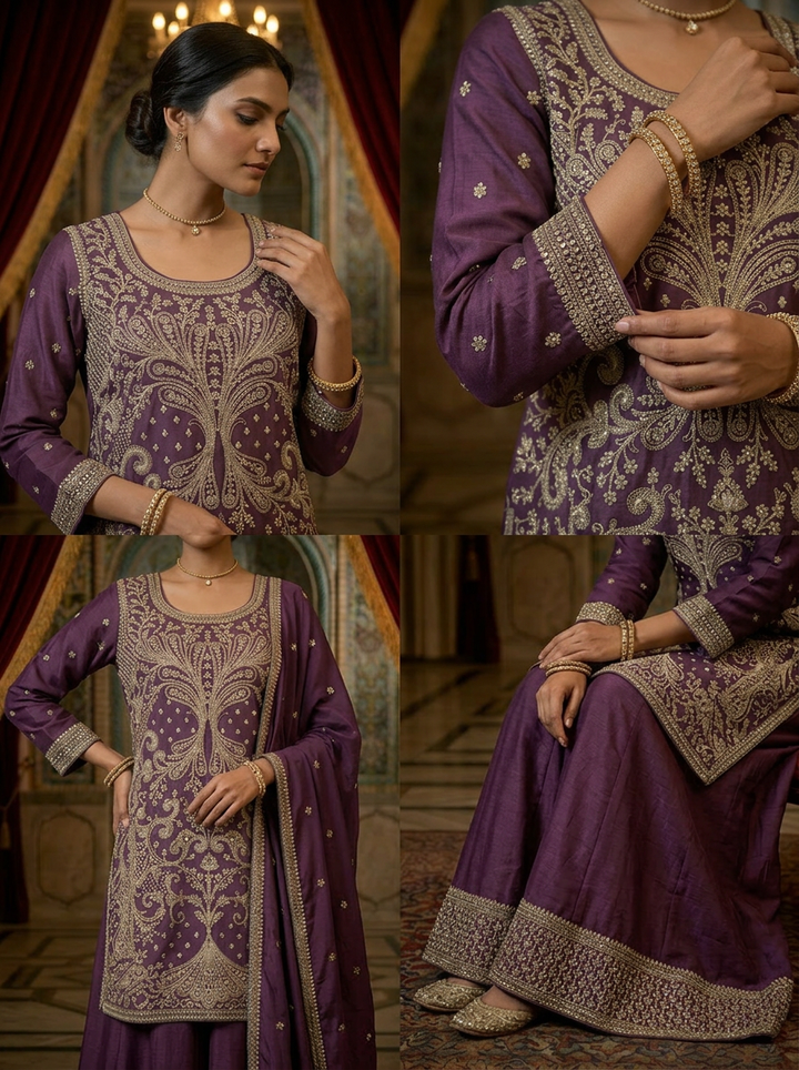 Wine Chinon Heavy Embroidery Sharara Set With Dupatta