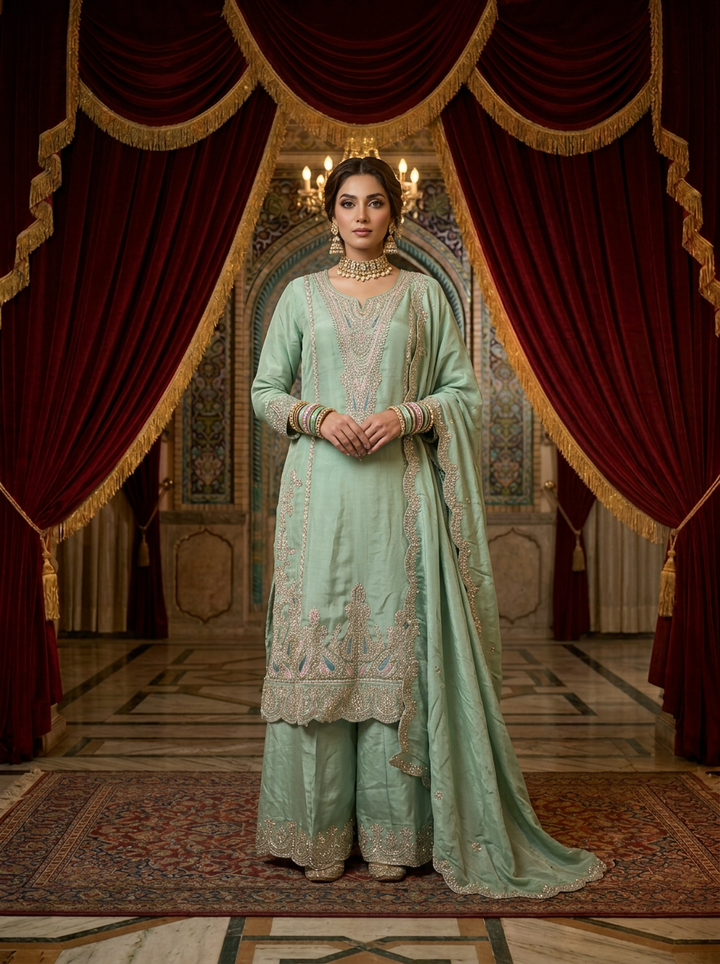 Sea Green Georgette Heavy Embroidery Palazzo Set With Dupatta