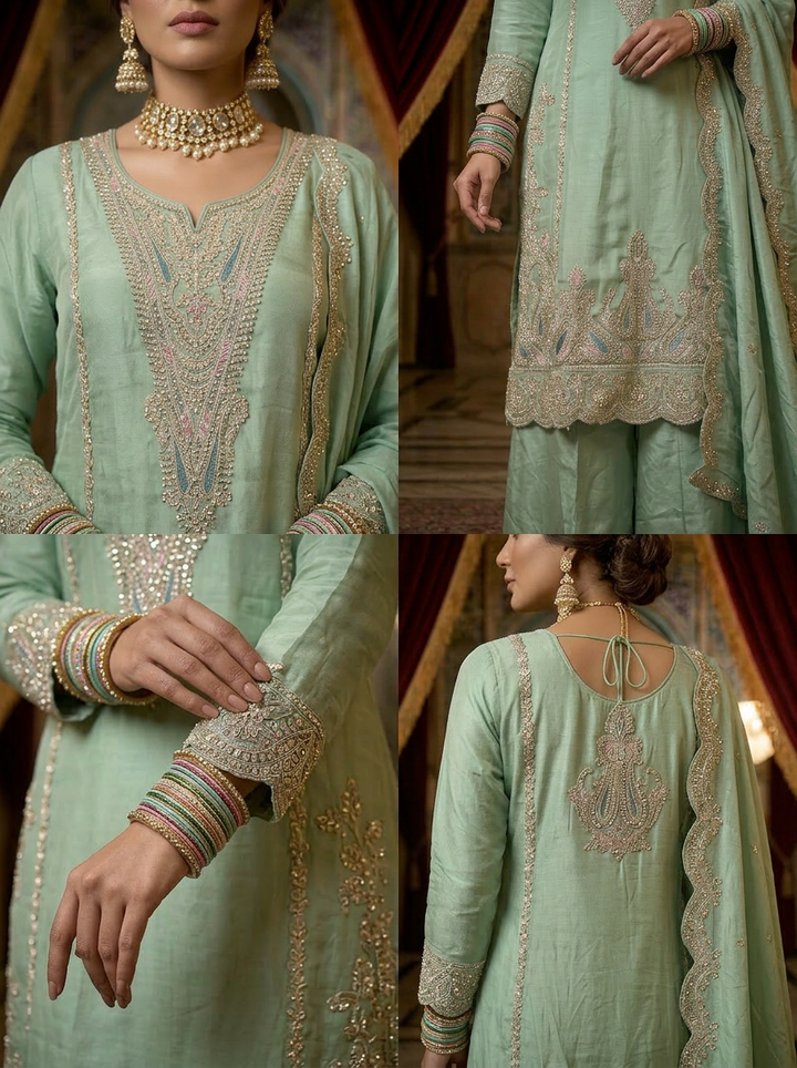 Sea Green Georgette Heavy Embroidery Palazzo Set With Dupatta