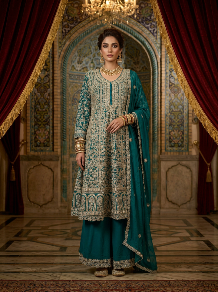 Rama Green Georgette Heavy Zari Embroidery Palazzo Set With Dupatta