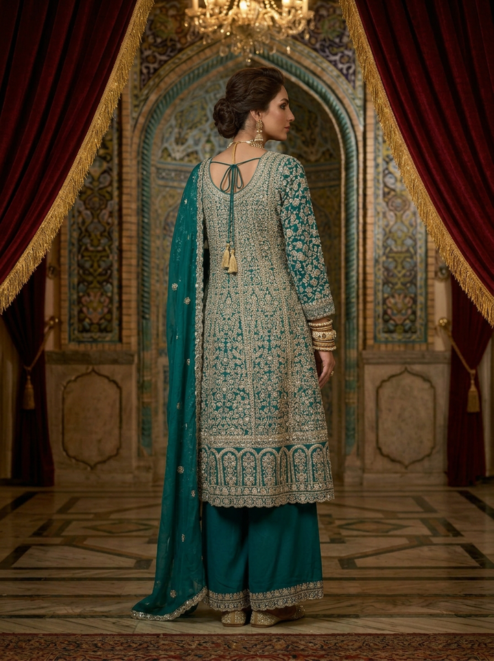 Rama Green Georgette Heavy Zari Embroidery Palazzo Set With Dupatta
