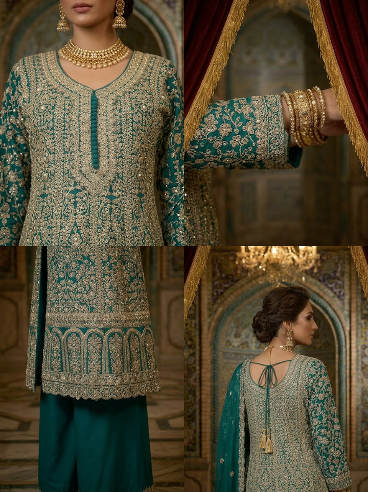 Rama Green Georgette Heavy Zari Embroidery Palazzo Set With Dupatta