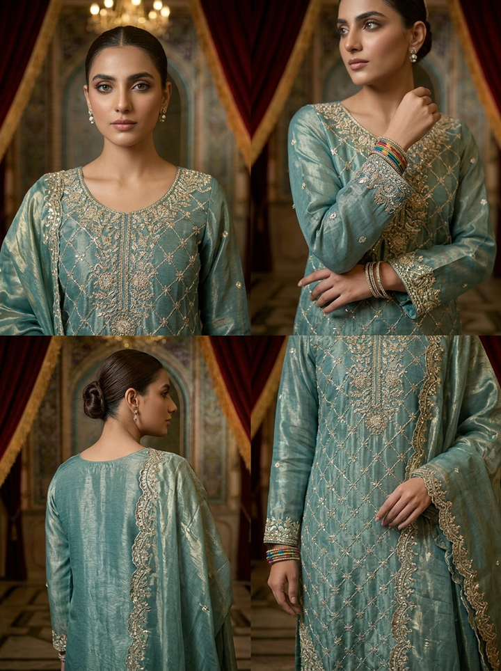 Ice Blue Silk Embroidery Palazzo Set With Dupatta